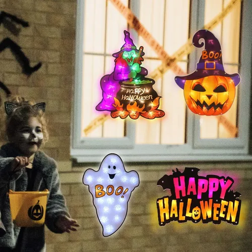 Vista 5 de LAMPHOME Paquete de 4 fantasmas iluminados con LED, letrero de Happy Halloween, bruja, Jack-O-Lantern de Halloween, decoración de ventana iluminada