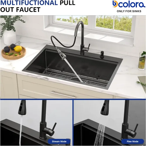 Vista 5 de Dcolora - Fregadero de cocina negro de 30 pulgadas, de montaje superior, con grifo, estación de trabajo de acero inoxidable, cuenco individual