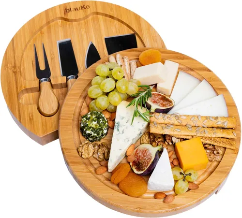 Vista 11 de Juego de tabla de queso de bambú y cuchillos de 14 x 11 pulgadas – Tabla de cortar queso de madera, bandeja de servir, juego de tabla de embutidos