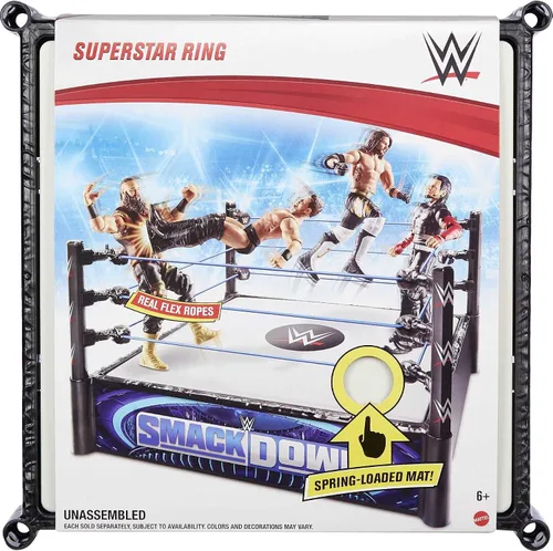Vista 3 de WWE Anillo Superstar (14 pulgadas) con alfombrilla de resorte y cuerdas flexibles reales para figuras de acción; regalo para edades de 6 años