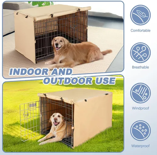 Vista 5 de Funda para jaula de perro, funda impermeable de doble puerta, funda protectora de poliéster 600D duradera para jaula de perro de 24/30/36/42/48 Beige