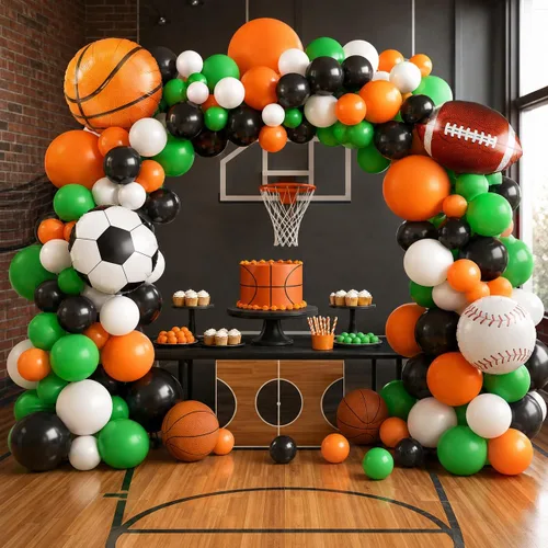 Vista 6 de Guirnalda de arco de globos deportivos, kit de guirnalda de globos con tema de bolas, globos blancos, verdes, negros y naranjas, globos de aluminio