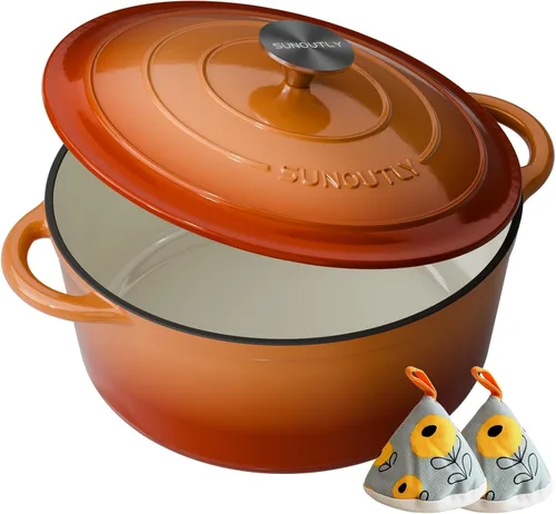 Vista 11 de Horno holandés de hierro fundido esmaltado, olla de 7.5 cuartos de galón con tapa y agarraderas de algodón, utensilios de cocina resistentes