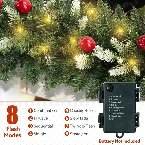 Vista 3 de Fohil Guirnalda de Navidad de 9 pies, 8 modos de guirnalda de Navidad artificial preiluminada con 60 luces LED, guirnalda de ratán verde con bayas