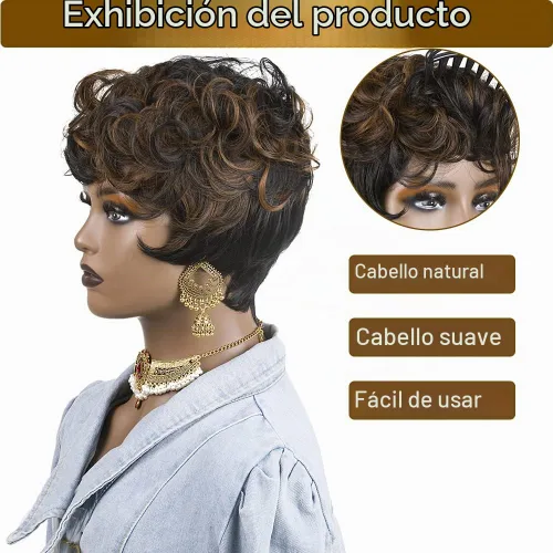 Vista 5 de Pelucas cortas de corte Pixie para mujeres negras, pelucas de corte Pixie con flequillo, negro mezclado con marrón, pelucas rizadas cortas