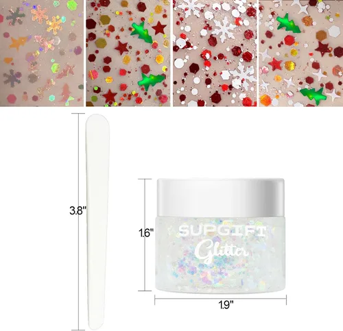 Vista 3 de Gel con purpurina para el cuerpo navideño, 4 colores, 8.5 onzas, holográfico, grueso, sirena, iridiscente, láser, estrella, flor y hojas