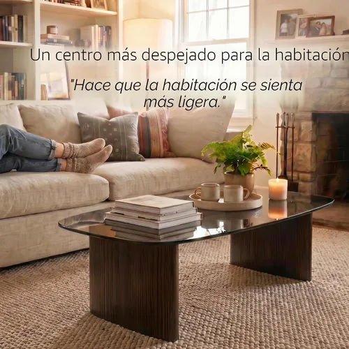 Vista 3 de Mesa de centro moderna de cristal, mesa de centro para sala de estar, tapa de vidrio templado con base de madera resistente, mesas de centro
