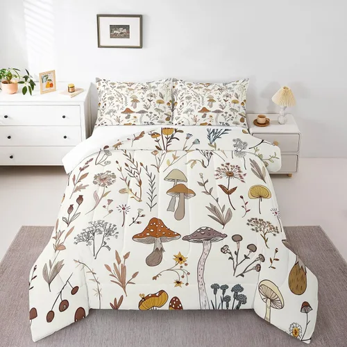 Vista 16 de Feelyou Lindo juego de ropa de cama de hongos kawaii tamaño individual para niños y niñas, decoración de hongos salvajes, juego de edredón