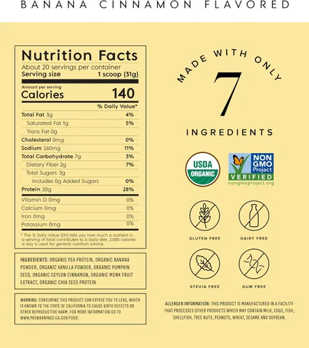 Vista 2 de Truvani Proteína en polvo de guisante vegana Banana Canela 20g de proteína vegetal orgánica 20 porciones Keto Sin gluten ni lácteos Bajo