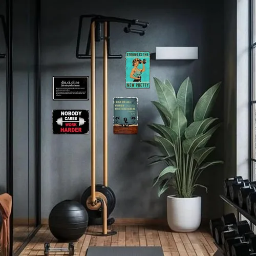Vista 5 de Póster de disciplina para gimnasio, carteles de entrenamiento para gimnasio en casa, decoración de pared de metal, divertidos carteles de lata