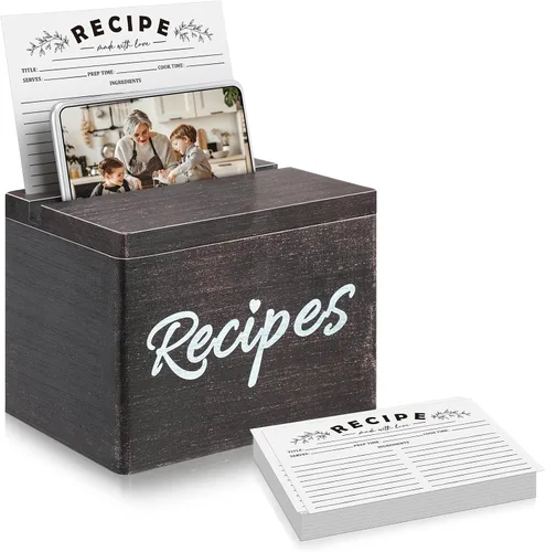 Vista 7 de Hoteam Caja de Recetas de Madera con Tarjetas, Soporte para Tarjetas de Recetas de Madera Rústica con 50 Piezas, Juego de Tarjetas de 5 x 7, Caja