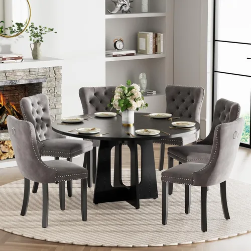Vista 50 de Mesa de comedor redonda estilo granja para 6, mesa de cocina circular de 47" MDF con acabado de grano de madera, mesa de cocina y comedor de madera