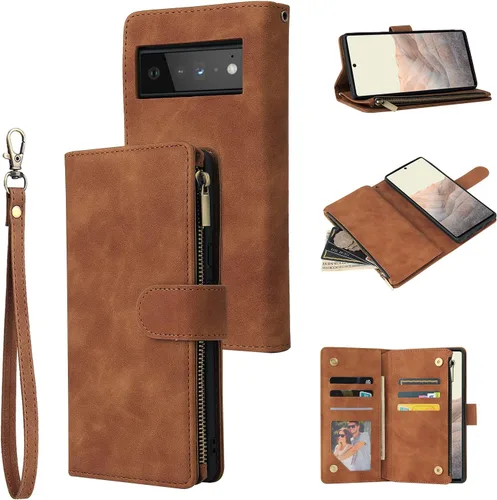 Vista 12 de UEEBAI Funda tipo cartera para Google Pixel 6, Funda de cuero PU Cierre magnético Bolso con cremallera Estuche de bolsillo con cremallera Ranuras