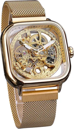 Vista 9 de FORSINING Relojes automáticos Reloj de pulsera mecánico dorado para hombre Relojes de esqueleto con esfera transparente de acero inoxidable