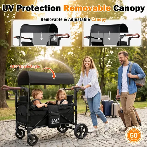 Vista 5 de Cochecito Vagón para 2 Niños, Cochecito Vagón Todo Terreno con Extensor Extra Largo, Vagón de Bebé Plegable de Aluminio con Asientos Convertibles
