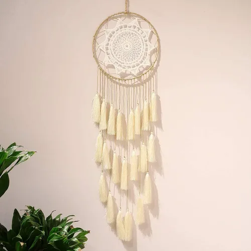 Vista 6 de Artilady - Atrapa-sueños de macramé para dormitorio - Pompones colgantes hechos a mano para decoración del hogar con adorno de plumas con pompones