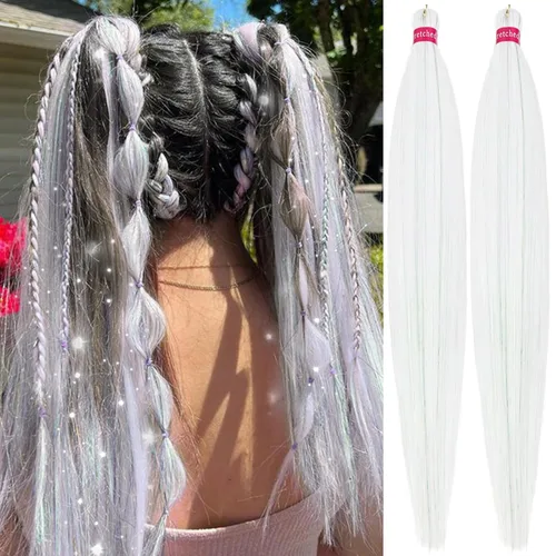Vista 23 de Cabello trenzado verde con lentejuelas de 26 pulgadas, preestirado, trenzas de textura Yaki, extensiones de cabello pre plumadas, 3 paquetes, fácil