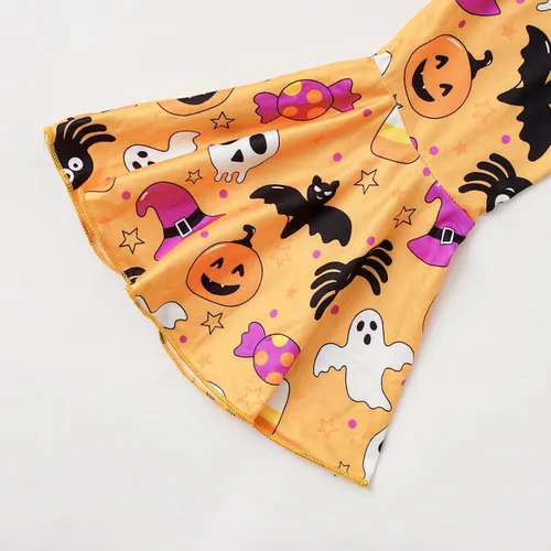 Vista 7 de Noubeau Trajes de Halloween para bebés y niñas pequeñas, con estampado de letras, manga acampanada, camisa de vestir linda calabaza con pantalones