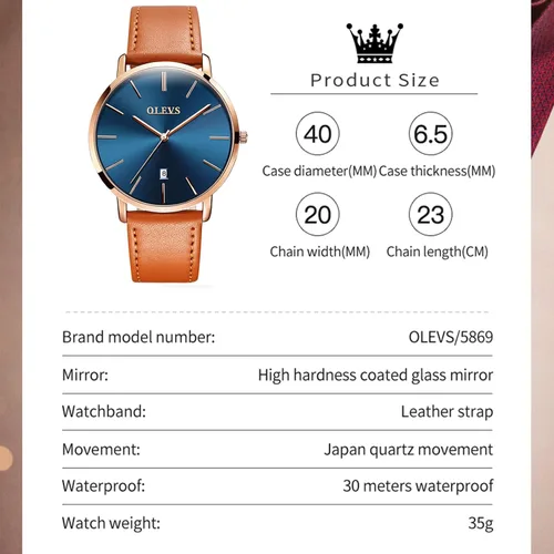 Vista 6 de OLEVS Reloj para hombre, de lujo, ligero, de cuero, impermeable, con movimiento japonés, para hombre, con fecha, calendario, minimalista, ultrafino
