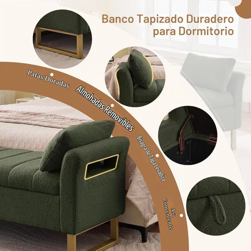 Vista 4 de Banco de almacenamiento de 66 pulgadas para dormitorio, banco tapizado en Verde oliva