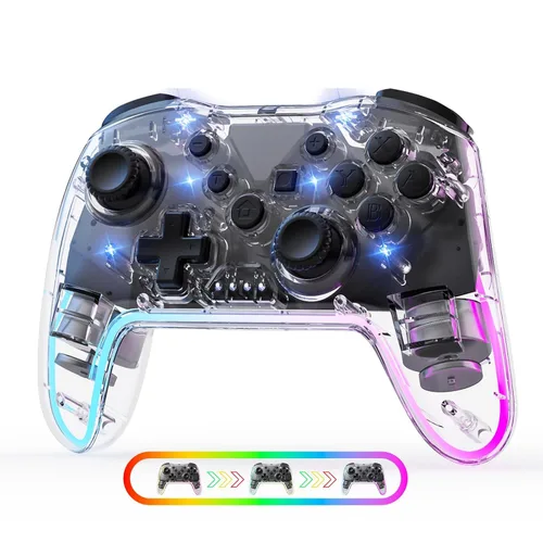 Vista 7 de Controlador inalámbrico para Switch/Lite/OLED/PC/Android/iOS - Gamepad ergonómico con iluminación RGB de 7 colores, ajuste de turbo/vibración