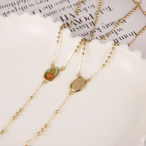 Vista 4 de HZMAN Gold Plated Dainty Choker Necklace Y-Shape Necklace Rosary Bead St. BenedictVirgin of Guadalupe Cross Pendant Adjustable Necklace for Women
