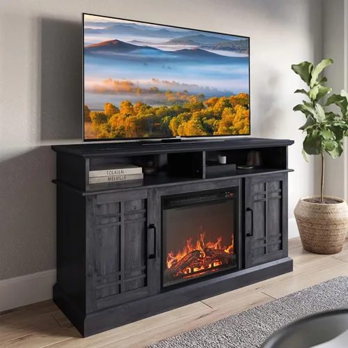 Vista 8 de BELLEZE Mueble TV, 48 pulgadas, con chimenea eléctrica funcional de 18 pulgadas, moderno, para TV de máx. 50 pulgadas, estantes abiertos y armarios