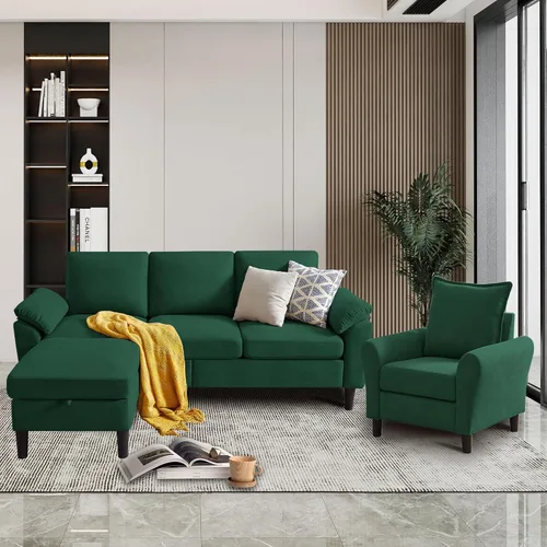 Vista 18 de Juego de 2 sofás para sala de estar, sofás convertibles en forma de L de 3 asientos con otomana y silla decorativa, sofá moderno de lino para Gris