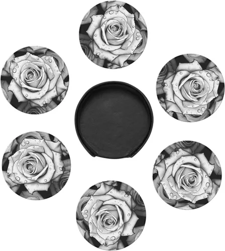 Vista 7 de Black White Rose Print 6 Pcs Round Coasters Leather Waterproof Drink Coasters Mugs Mat Pad with Holder for Living Room Kitchen Bar 3.9 Inch