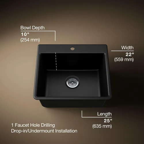 Vista 3 de KOHLER 28003-1-CM1 Kennon® - Fregadero de cocina de 25 pulgadas de montaje superior o inferior, incluye estante para fregadero, color negro mate