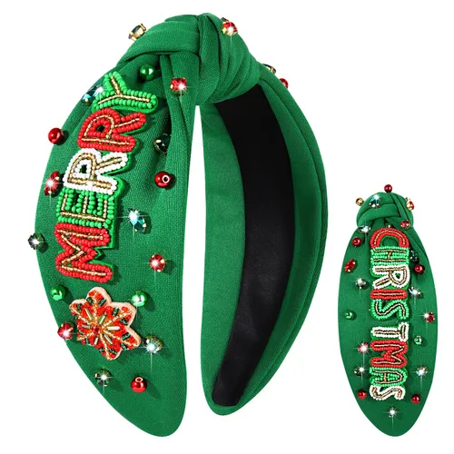 Vista 41 de Diadema de Navidad para mujer, accesorios de Navidad con cuentas, arco de Navidad, árbol, copo de nieve, diadema anudada HOHOHO, rojo y verde, perla