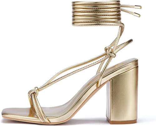 Vista 6 de GENSHUO Sandalias de punta cuadrada para mujer, con cordones, tacones altos y gruesos, sandalias de tiras de tacón de bloque, zapatos de vestir