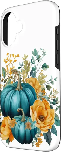 Vista 2 de iPhone 16 Teal Autumn Pumpkin Floral Fall Harvest Foliage Case