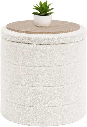 Vista 18 de B FSOBEIIALEO Otomana con Almacenamiento, Taburete Otomano de Almacenamiento Redondo Sherpa, Reposapiés Boucle 14.6"x14.6"x17.7" (Beige)