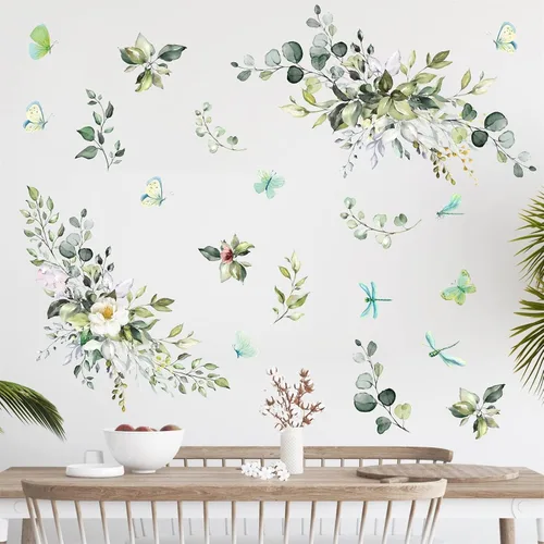 Vista 8 de Vinilo botánico de hojas verdes, calcomanías de vinilo para despegar y pegar, enredaderas rústicas colgantes, mural, mariposas, flores, calcomanías