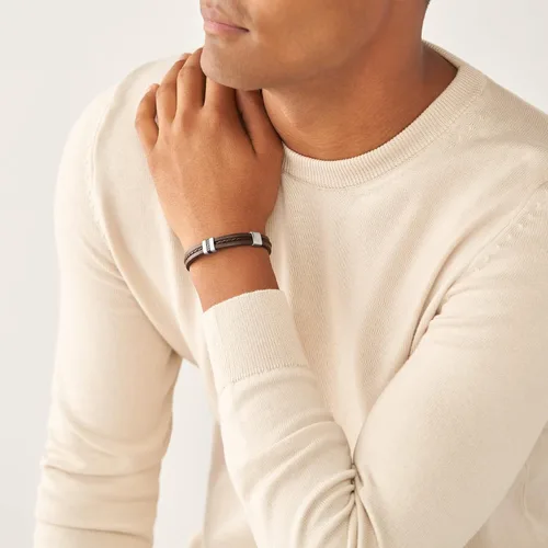 Vista 6 de Fossil Pulsera casual de acero inoxidable y cuero genuino para hombre