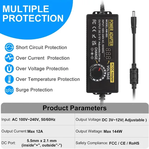 Vista 2 de Fuente de alimentación de CC ajustable, adaptador de corriente universal Auplf 3V ~ 12V 12A 144W Adaptador de CA/CC Variable Fuente de alimentación