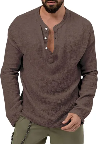Vista 10 de Camisa Henley con botones para hombre, cuello redondo, ligera, de manga larga, casual, holgada, transpirable, a la moda