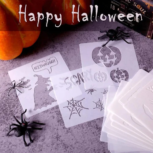 Vista 3 de Zonon 27 plantillas de pintura de Halloween, plantillas de plástico, plantillas de expresión de calabaza reutilizables, plantillas de dibujo