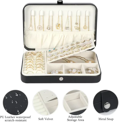 Vista 2 de Hatori Joyero de viaje para mujer, portátil, de piel sintética, organizador de joyas para collares, aretes, anillos, pulseras, pequeños regalos