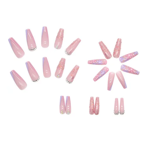 Vista 2 de Uñas postizas a presión tipo ataúd súper largas, 24 uñas postizas reutilizables de cobertura completa con pestañas adhesivas, uñas postizas