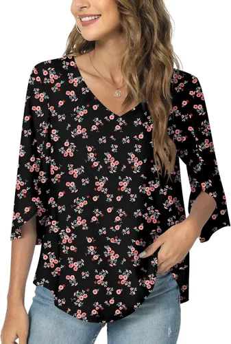 Vista 2 de TAOHUADAO Womens 2023 Casual V-Neck Loose Tunic Top for leggings 34 Sleeve Chiffon Blouse Shirt Red Flower Black Tops