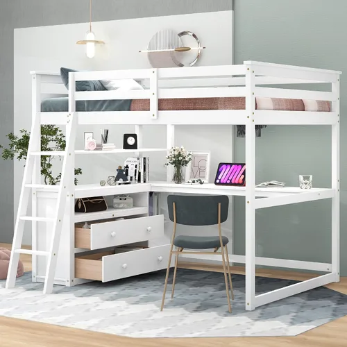 Vista 12 de Harper & Bright Designs Cama loft para juegos con escritorio integrado y luces LED, marco de cama de madera tamaño individual con cajón