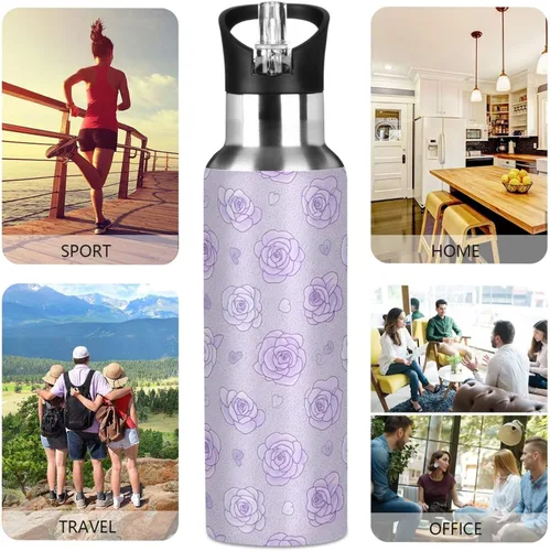 Vista 5 de Soft Pastel Style Roses Stainless Steel Vacuum Insulated Water Bottle 20 Oz, BPA-Free Sports Water Bottle Leakproof Water Bottles