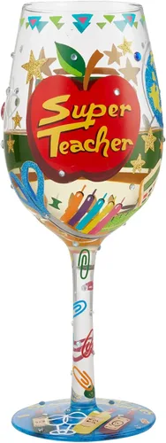 Vista 2 de Enesco Designs by Lolita Super Teacher - Copa de vino artesanal pintada a mano, 15 onzas, multicolor
