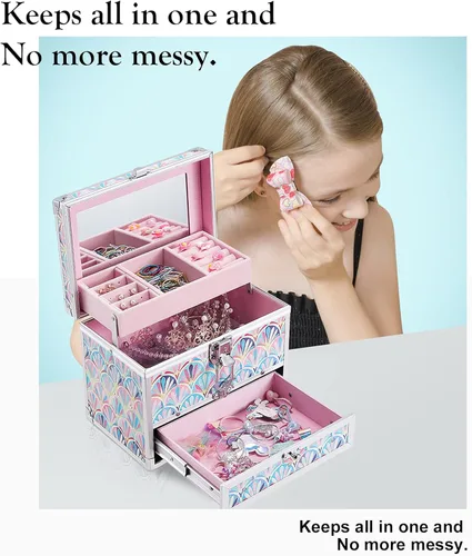 Vista 2 de Hododou Joyero organizador para niñas con cajón y espejo, estilo cola de sirena, estuche de almacenamiento con cerradura para niños o niñas