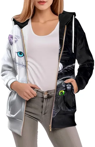 Vista 3 de Sudaderas con capucha y cremallera frontal para mujer, con estampado a cuadros, chaquetas de otoño de manga larga, ropa casual con cordón