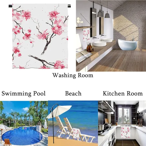 Vista 4 de Toallas de mano con flores de cerezo sin costuras, toallas de baño con flores de acuarela rosa, toallas de cocina suaves florales de 13.6 x 29 pies