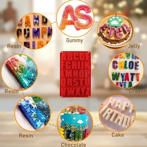 Vista 13 de 2 moldes de silicona para tartas de letras, sin BPA, molde antiadherente para chocolate, suave y fácil de liberar, decoración de moldes rojos