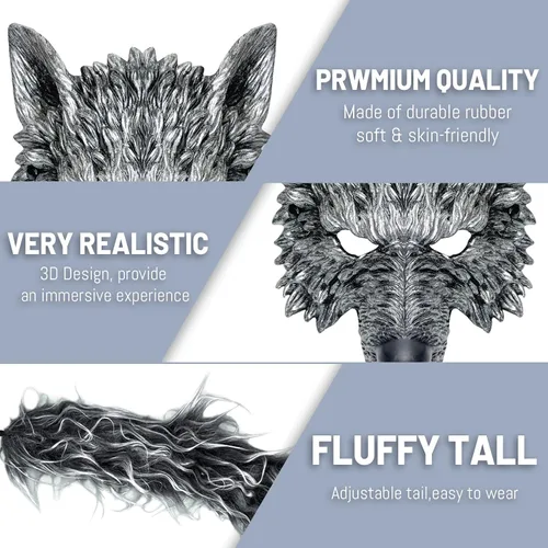 Vista 3 de HyperFun Disfraz de hombre lobo de Halloween, máscara de lobo y juego de colas, disfraz de lobo realista, kit de accesorios de cosplay